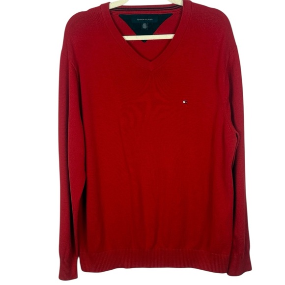 Tommy Hilfiger 100% Cotton Classic Casual Men's V-Neck Large Sweater in Bold Red - Picture 1 of 9